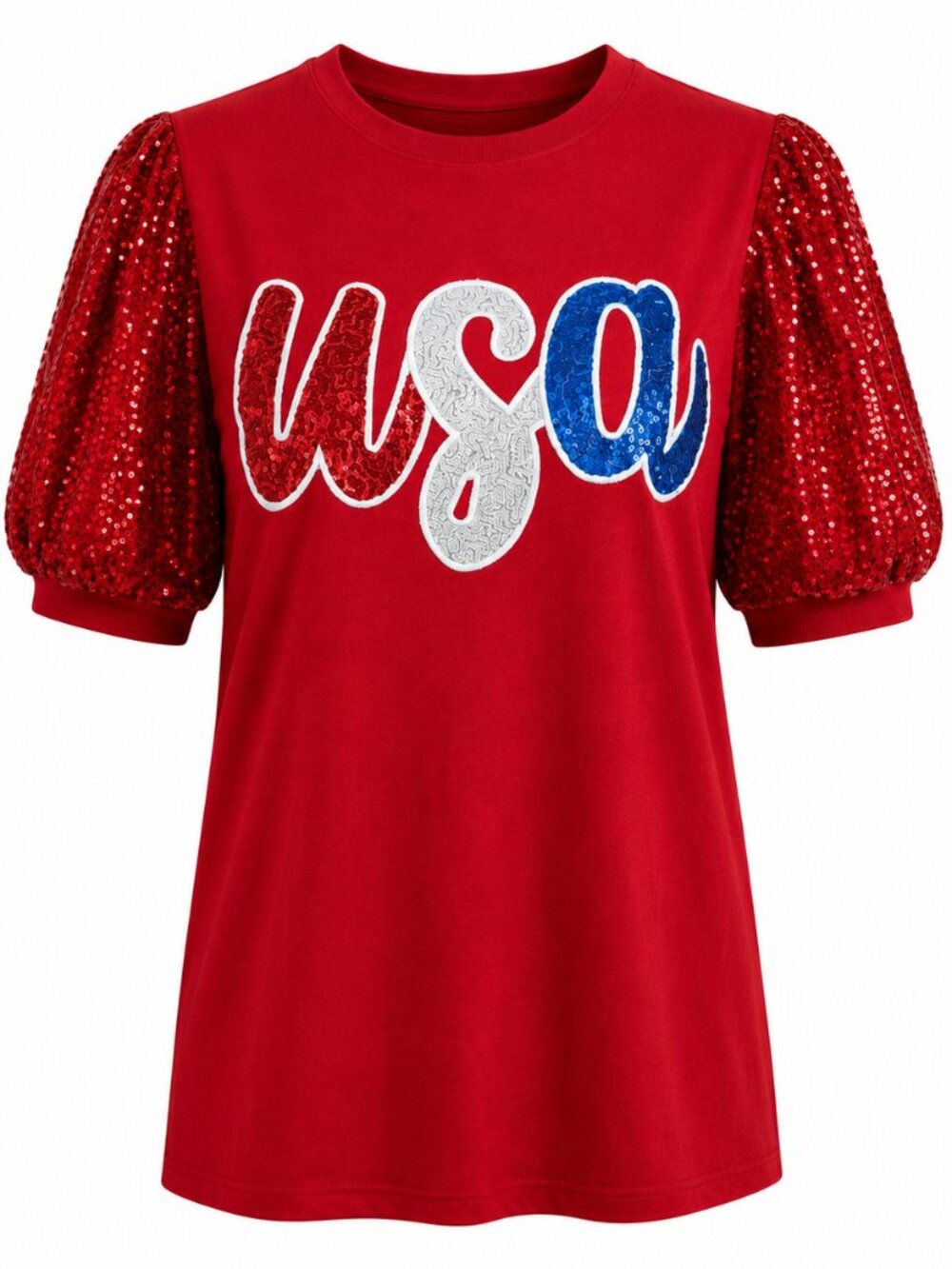 USA Sequin Top with Sequin Puffed Sleeves